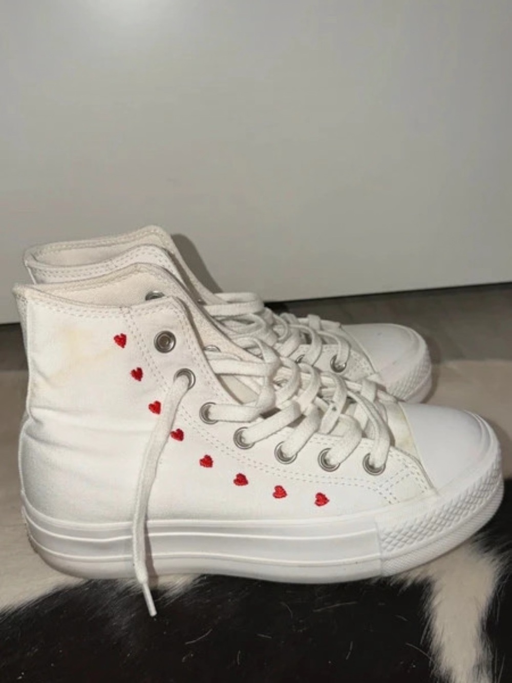 Converse White High-Top Canvas Sneakers with Red Heart Detail